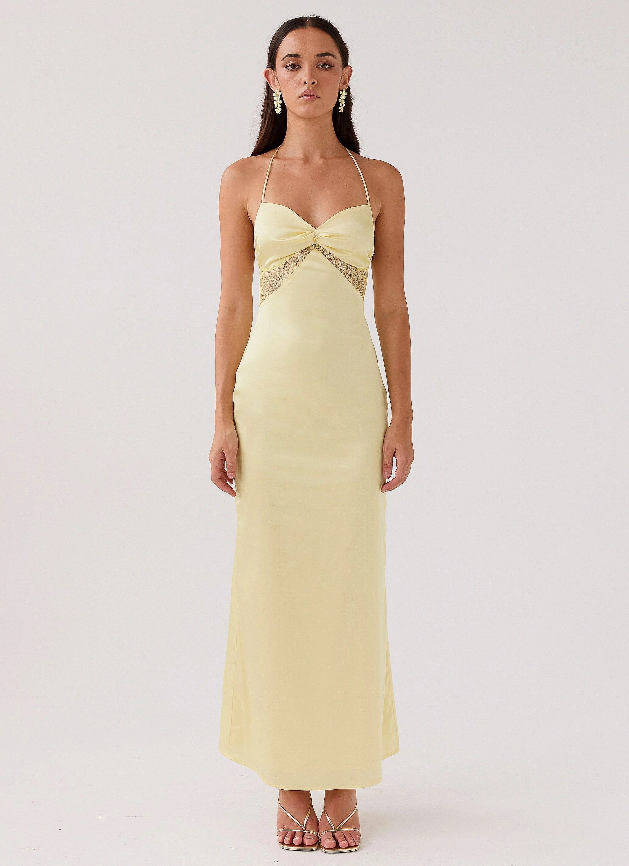 Morning Glow Timeless Fashion Dream Sight Lace Satin Maxi Dress - Lemon