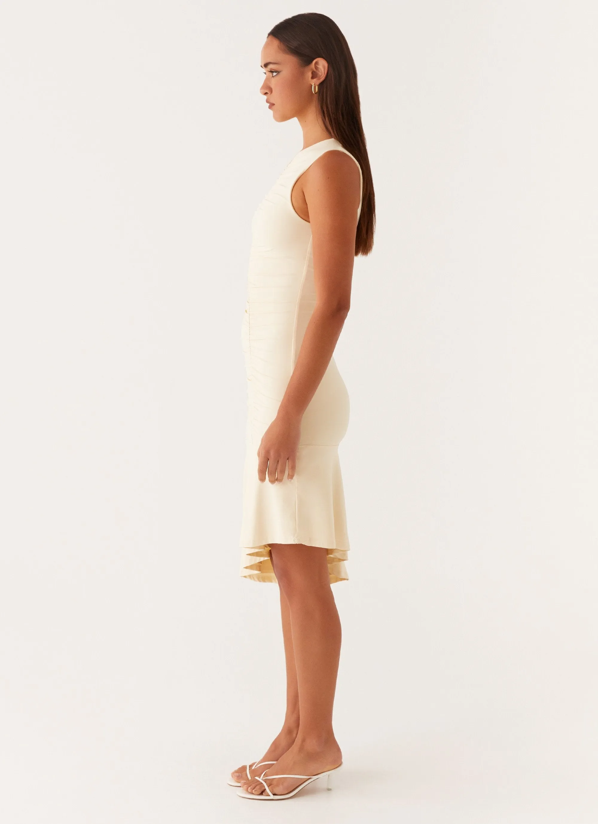 Niya Ruched Midi Dress - Pastel Yellow Skin Hug Adjustable-Straps