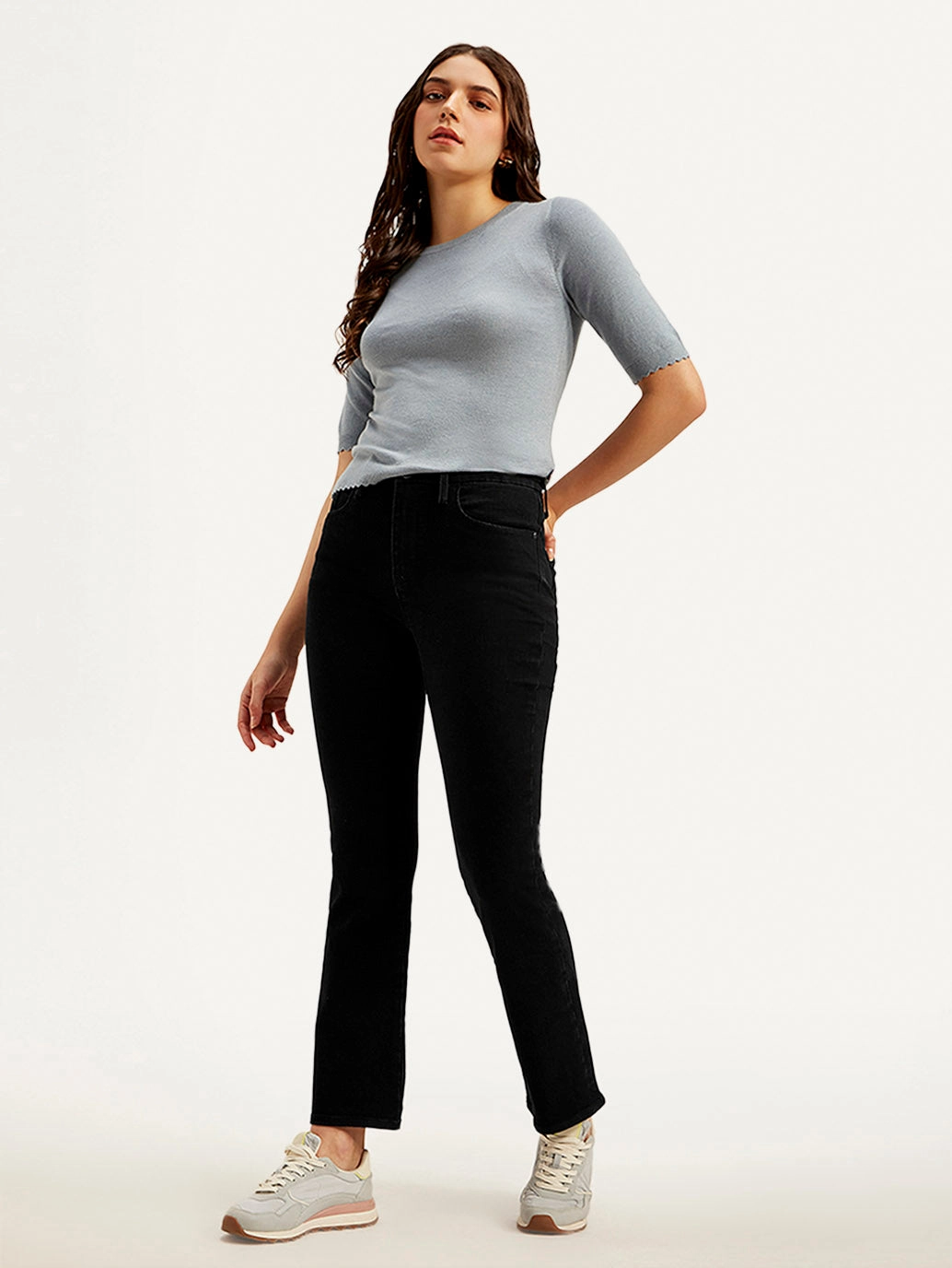 Textured Bold Smart Waistband Women's Redloop 725 Black Flared Fit High Rise Jeans