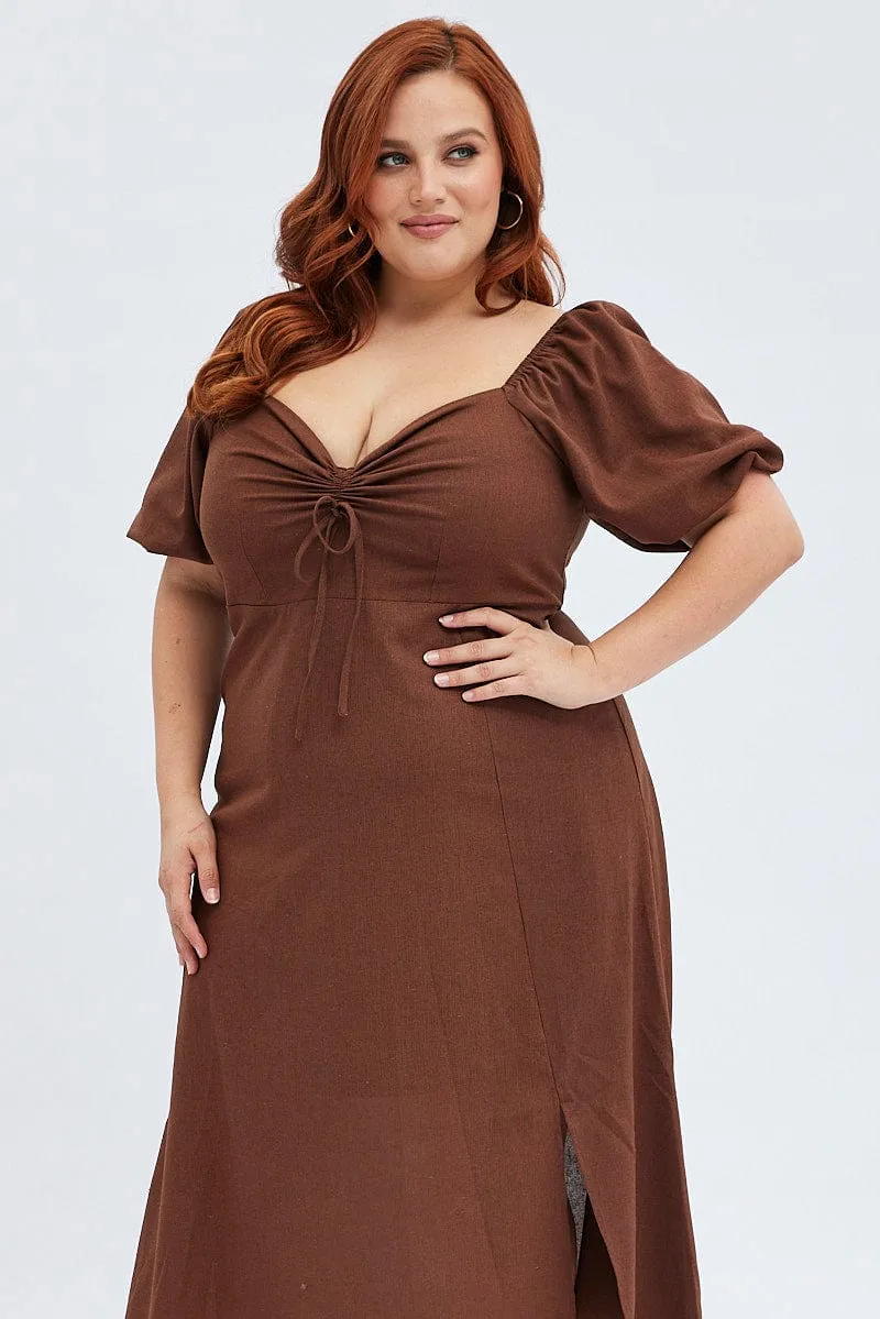 Rust Midi Dress Fitted Drawstring Front Puff Sleeve Day-To-Night Wear Soft and Light