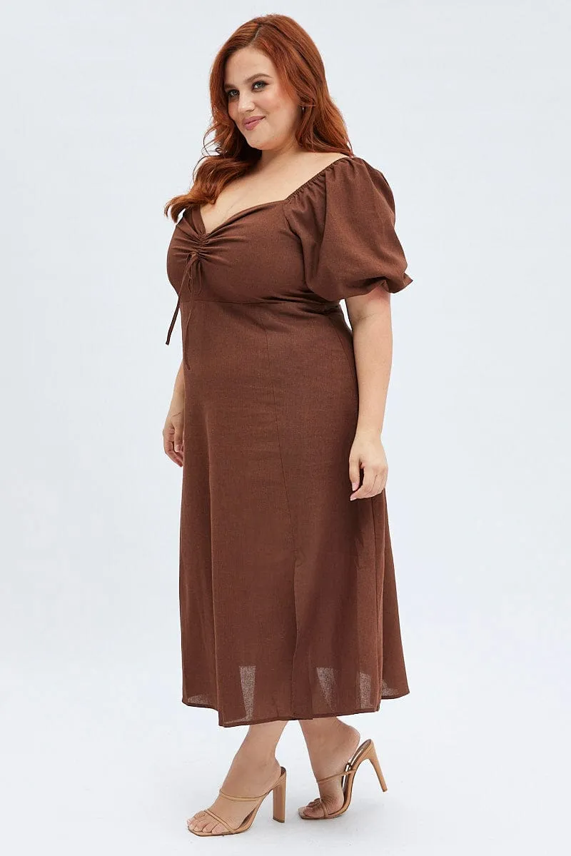 Rust Midi Dress Fitted Drawstring Front Puff Sleeve Sophisticated Waist