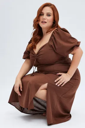 Rust Midi Dress Fitted Drawstring Front Puff Sleeve Contrast-Piping