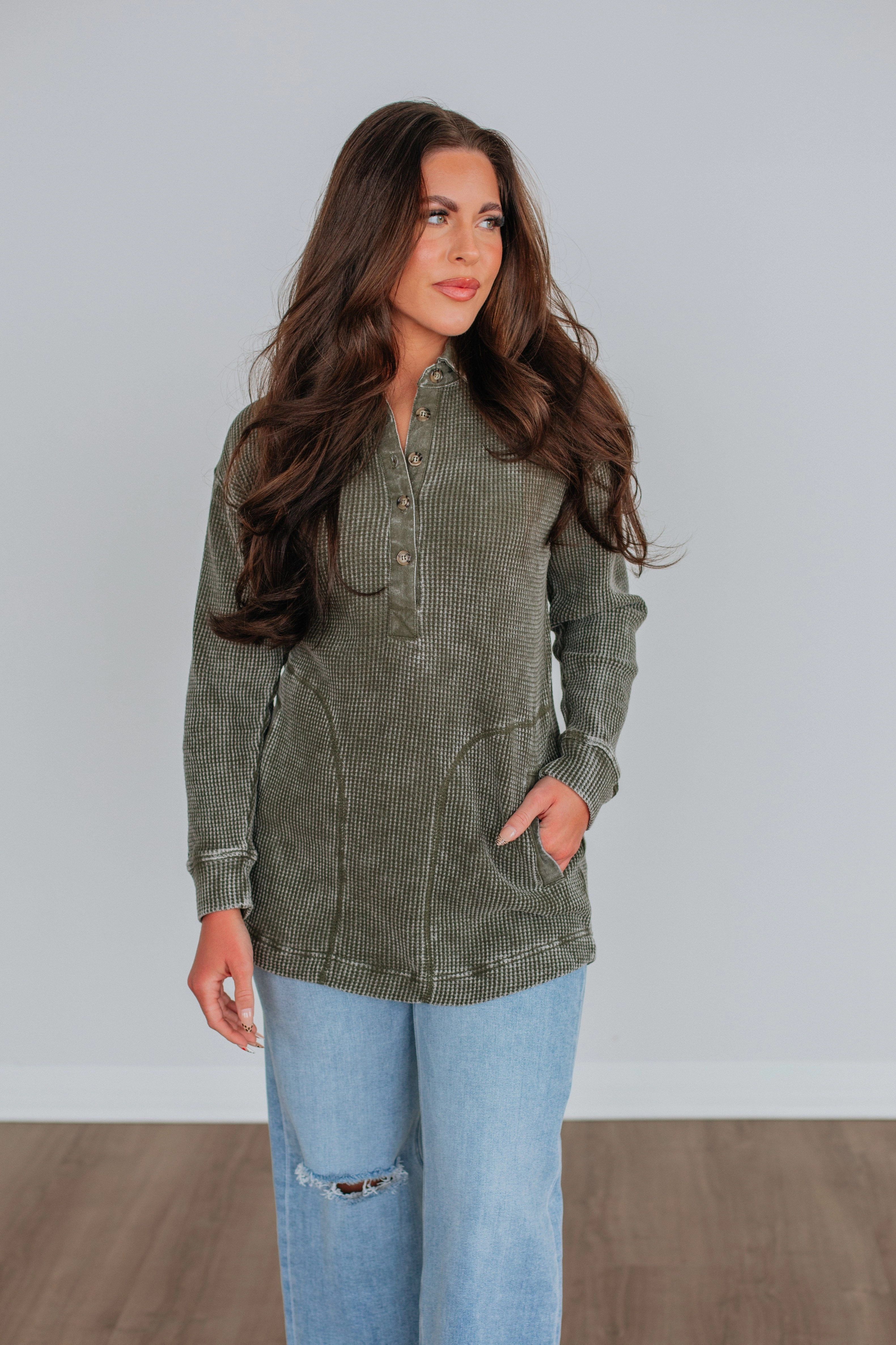 Sallie Waffle Knit Top - Moss Knit Apparel Cozy Stretch Fit