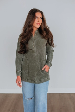 Sallie Waffle Knit Top - Moss Knit Apparel Cozy Stretch Fit