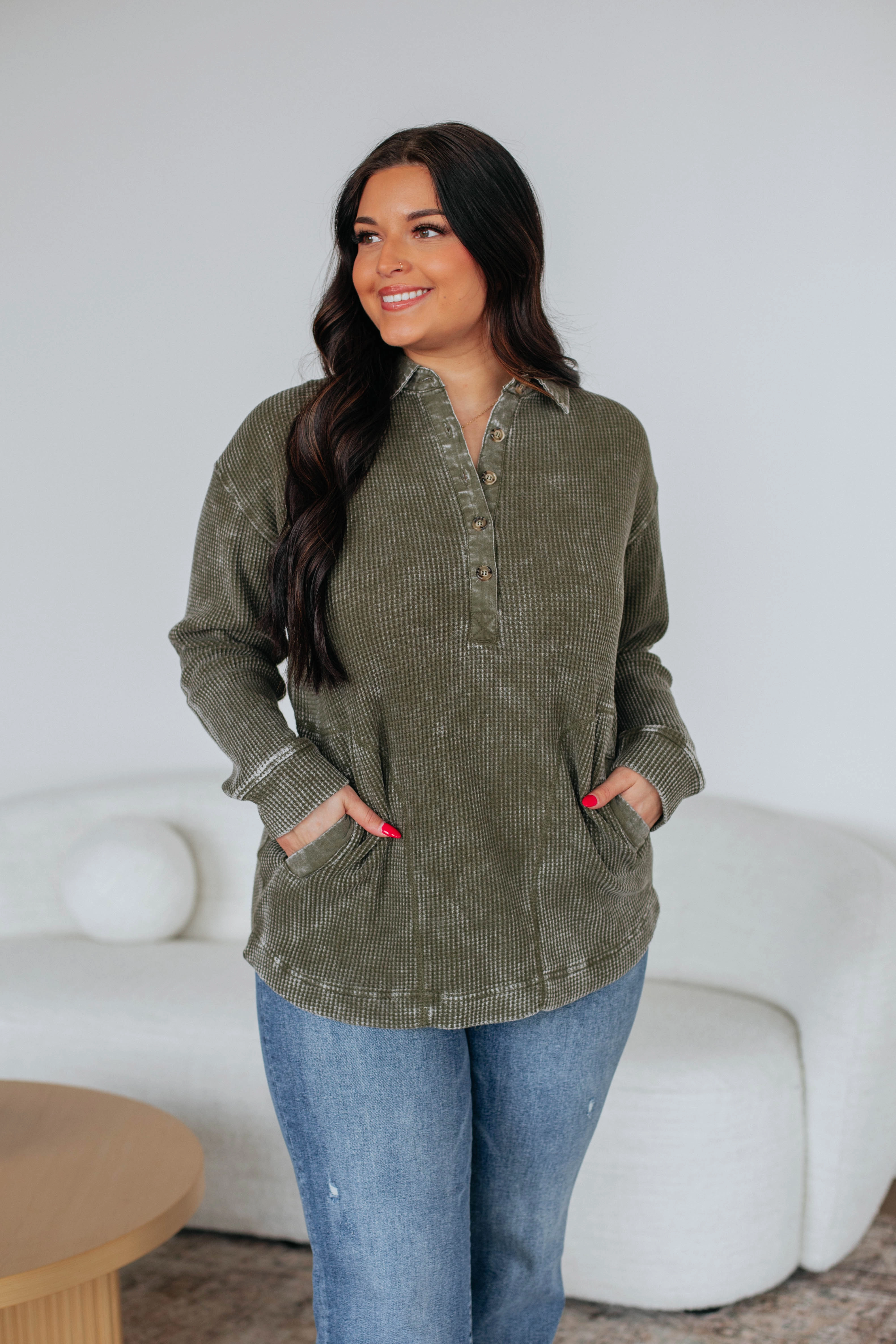 All Season Knitwear Sallie Waffle Knit Top - Moss