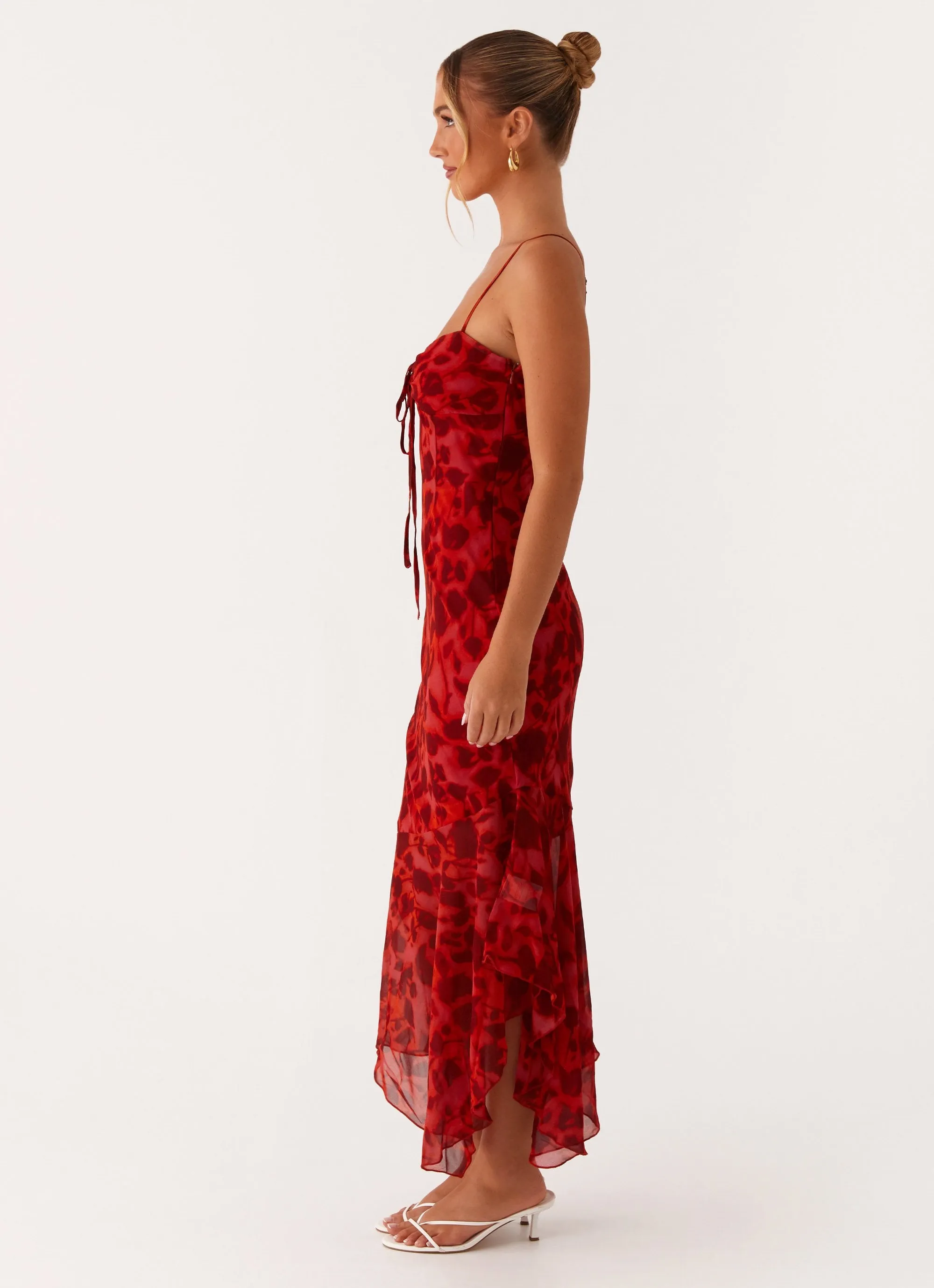 Playful Twist Sally Midi Dress - Deep Red Floral