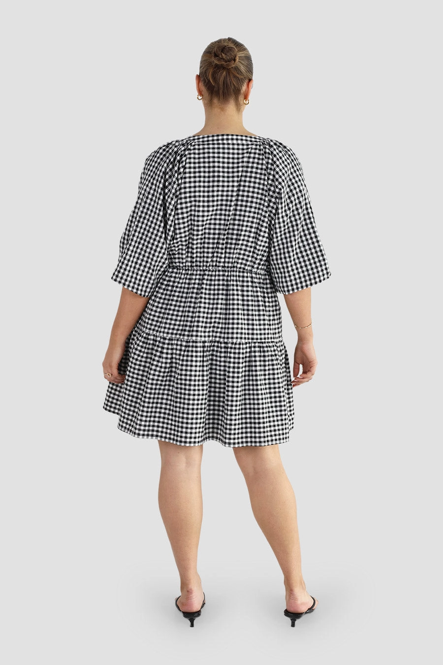 Bright-colored piece Romantic-Style SALORA DRESS B&W GINGHAM