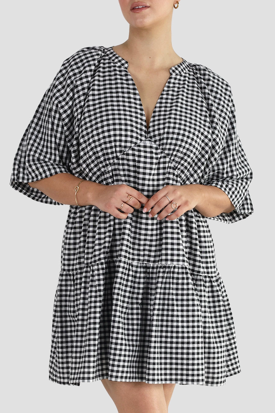 Satin-Edge WrinkleResistantFinish SALORA DRESS B&W GINGHAM