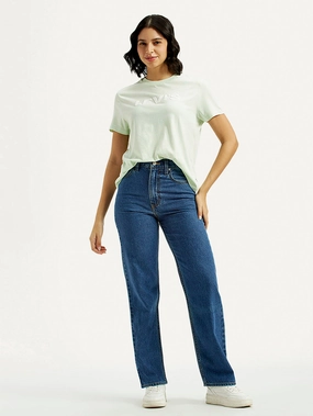 Style Focus Women's Med Indigo Ribcage Straight Fit High Rise Jeans