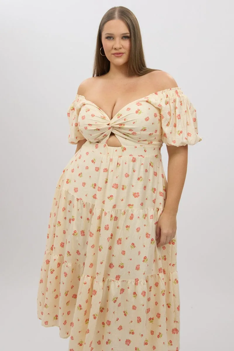 Chic Layering Pink Floral Midi Dress Short Sleeve Floral Twist Front