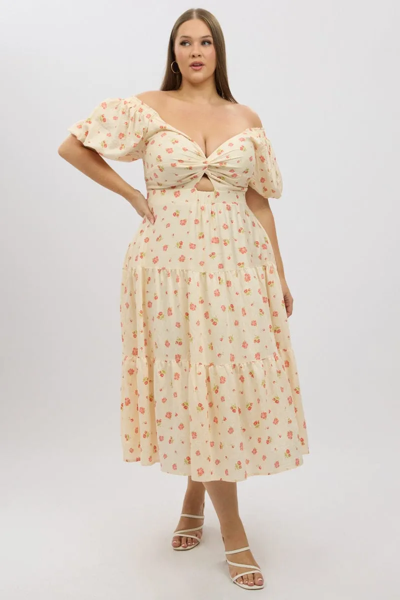 All-Occasion Look Dreamy Look Pink Floral Midi Dress Short Sleeve Floral Twist Front