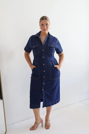 SAVEIRA DENIM MIDI DRESS MIDNIGHT Lightweight Piece Satin Soft