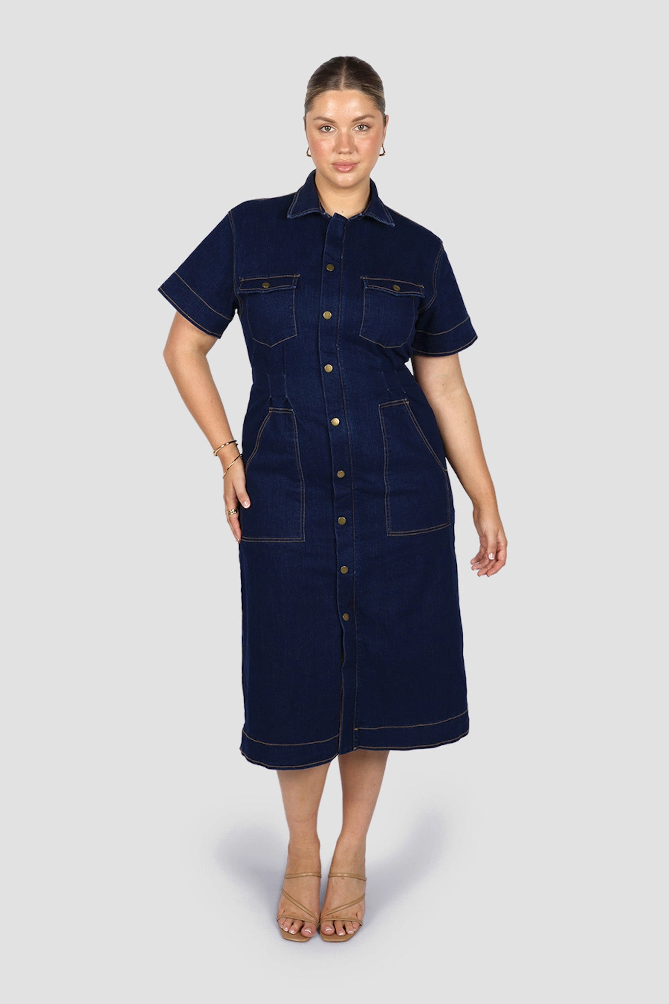 Bloom Zone Sophisticated Waist Fit SAVEIRA DENIM MIDI DRESS MIDNIGHT
