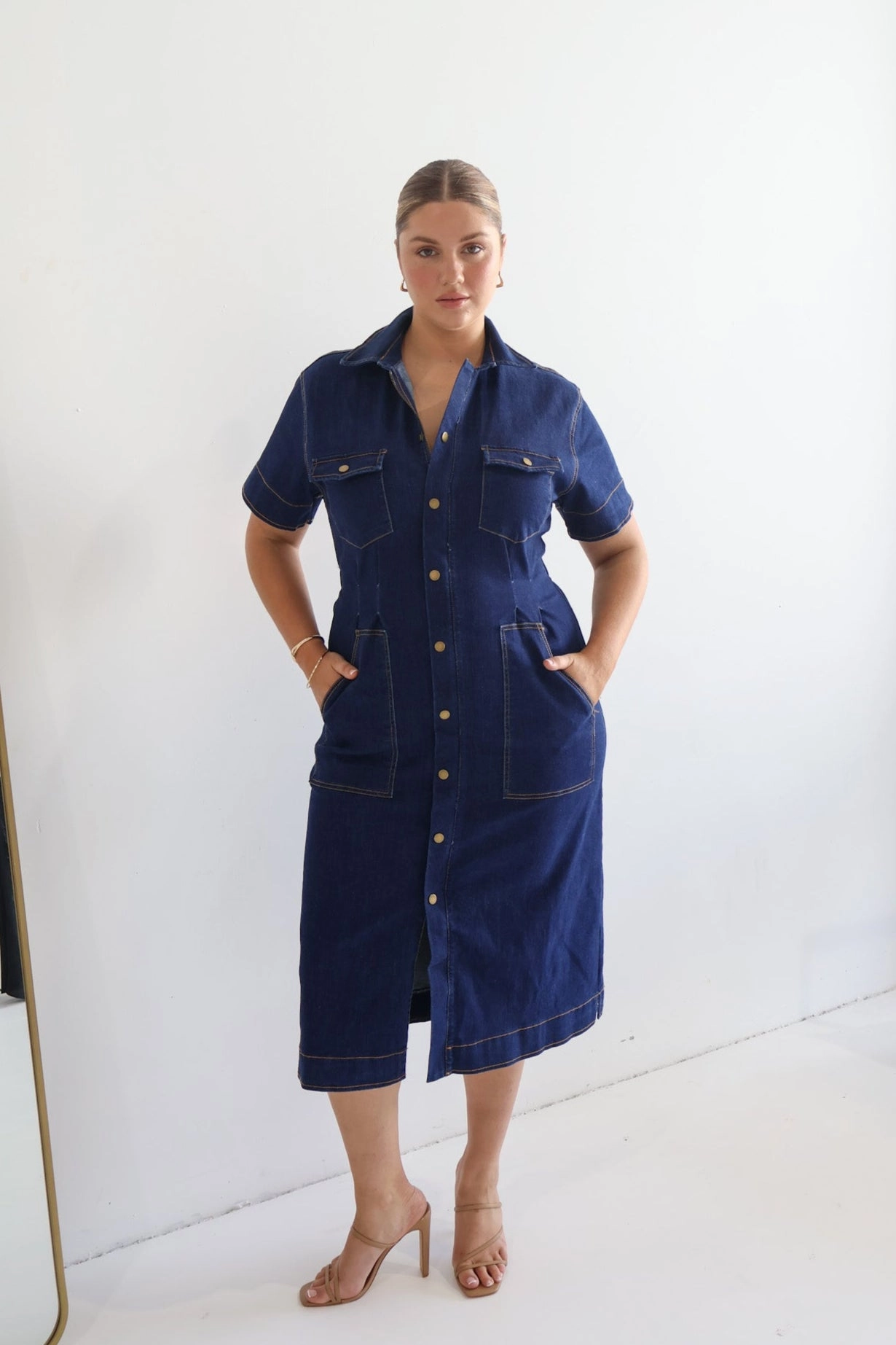 SAVEIRA DENIM MIDI DRESS MIDNIGHT Lightweight Piece Satin Soft