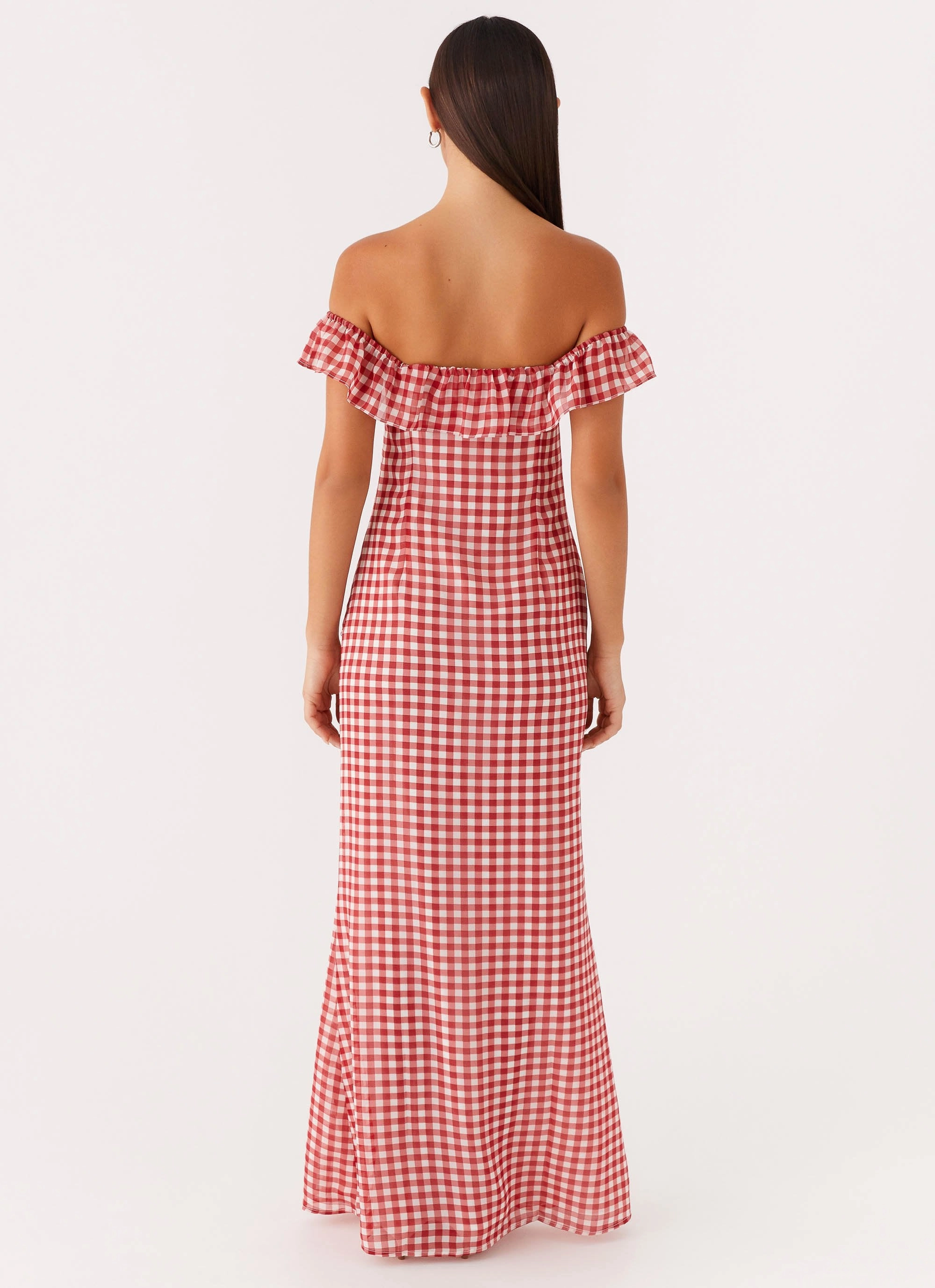 Balanced Look Elastic-Cuff Scarlet Cherry Maxi Dress - Red Gingham