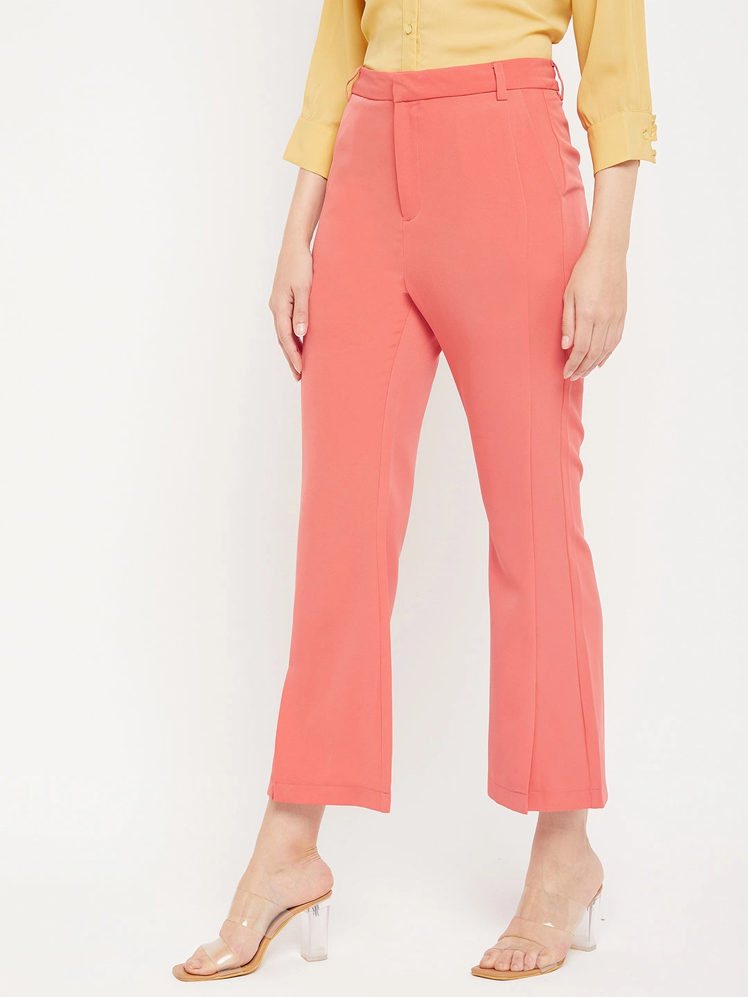 High Rise Unisex style Madame Solid Coral Bootcut Trousers