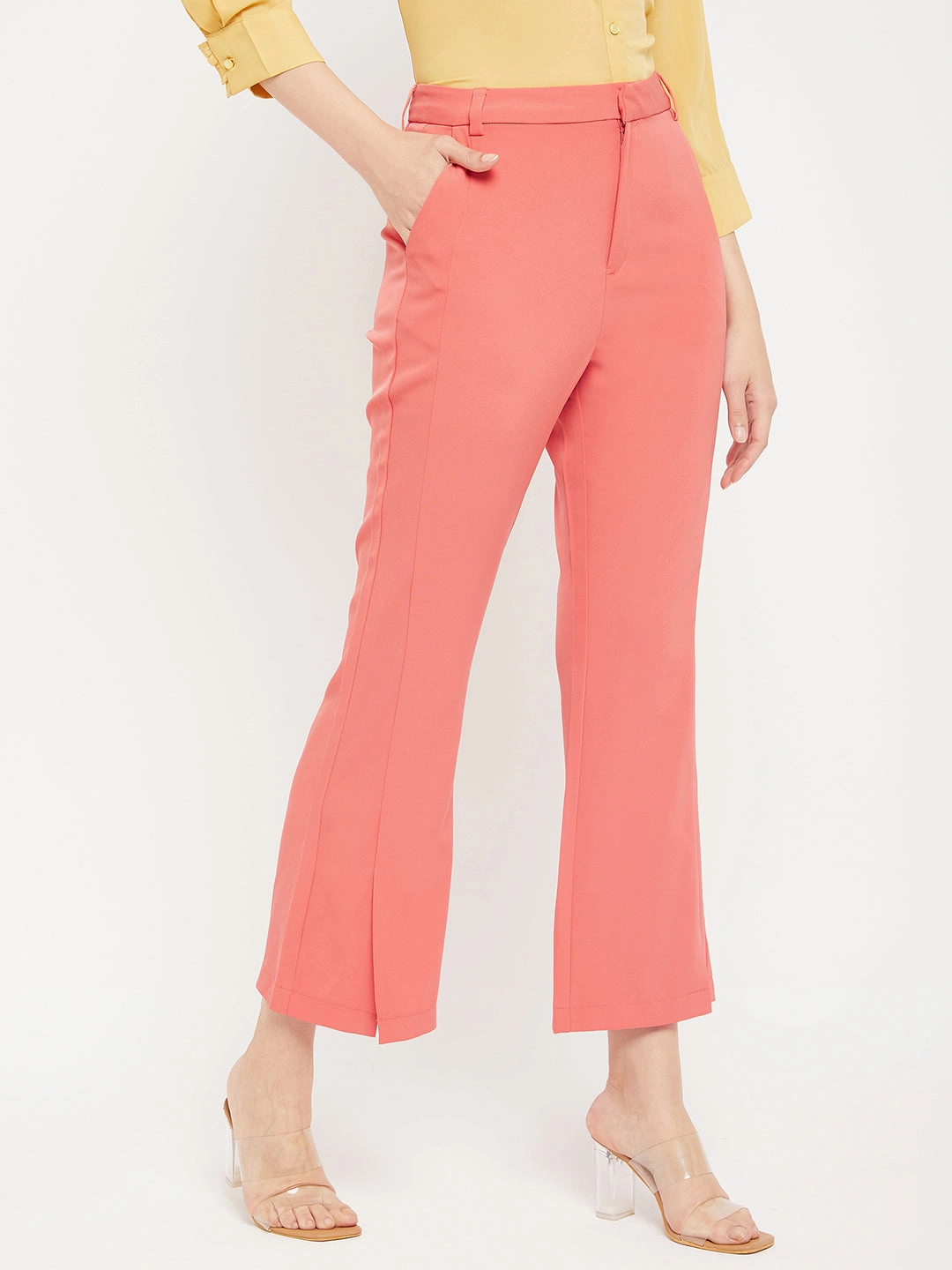 Madame Solid Coral Bootcut Trousers Flattering Design Wear