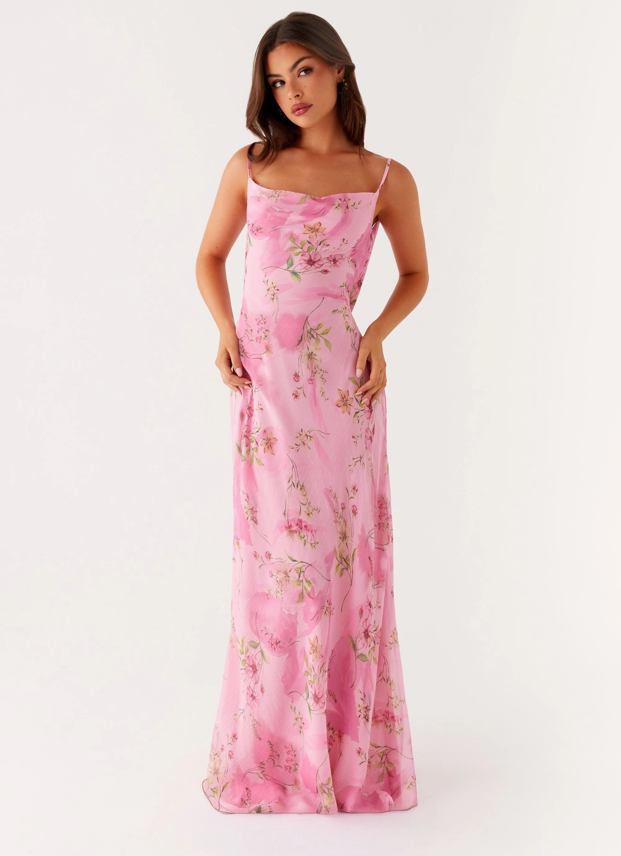 Elegant Line Textured Layers Orlando Maxi Dress - Pink Floral Print
