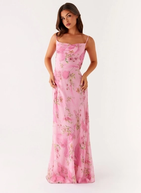 Elegant Line Textured Layers Orlando Maxi Dress - Pink Floral Print