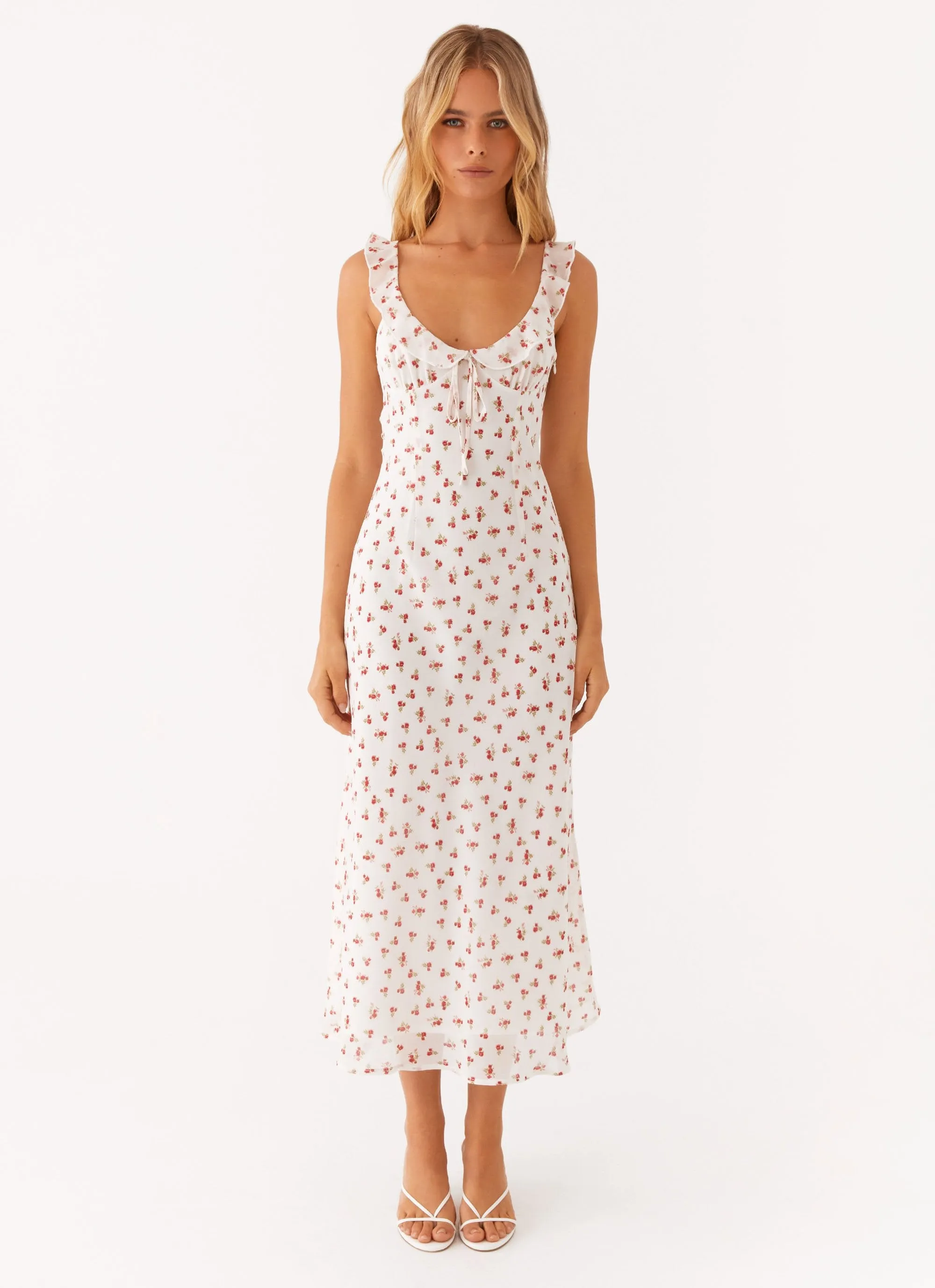 Second Guessing Midi Dress - Red White Floral Cozy Silhouette All-Occasion Look