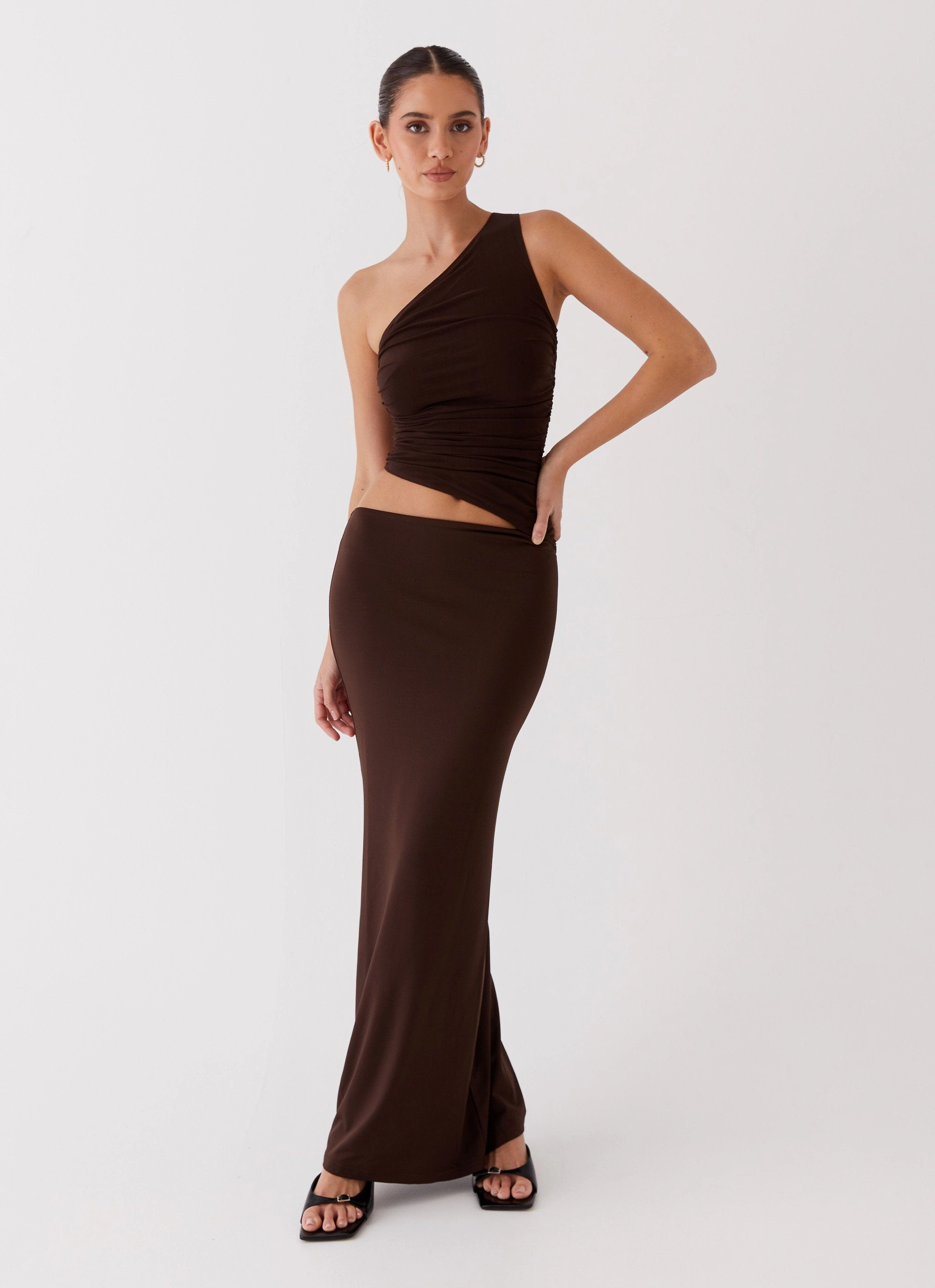 single wear Bare Glow Seranella One Shoulder Maxi Dress - Chocolate