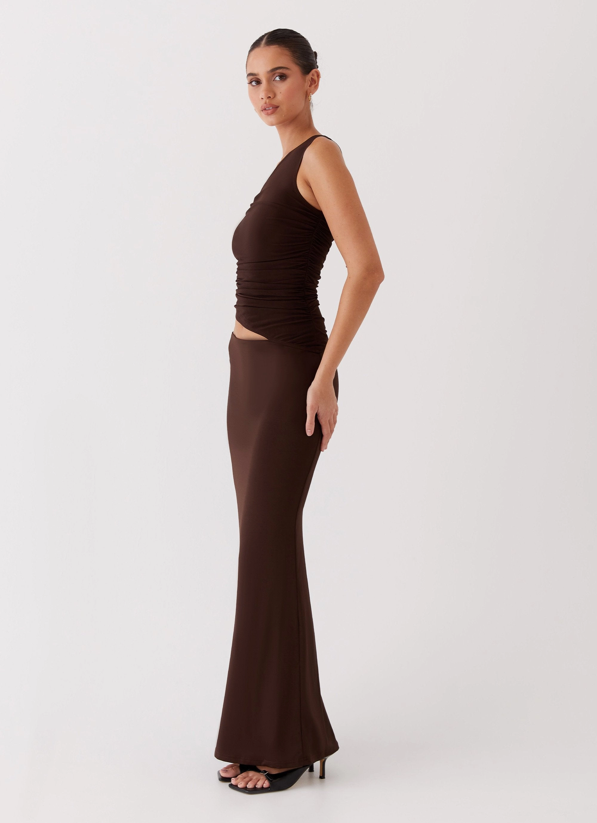 Breezy Mood Cocktail Ready Seranella One Shoulder Maxi Dress - Chocolate