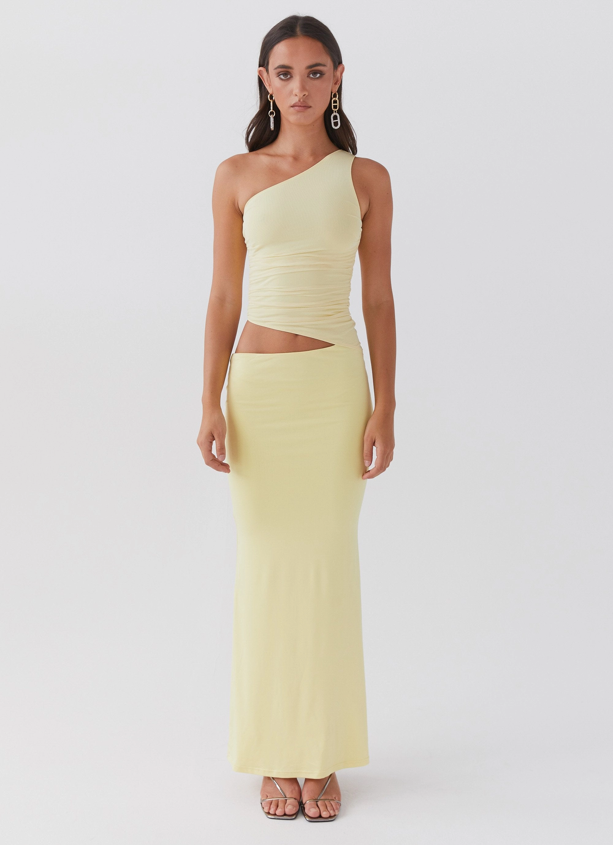 Seranella One Shoulder Maxi Dress - Lemon Lace Detail