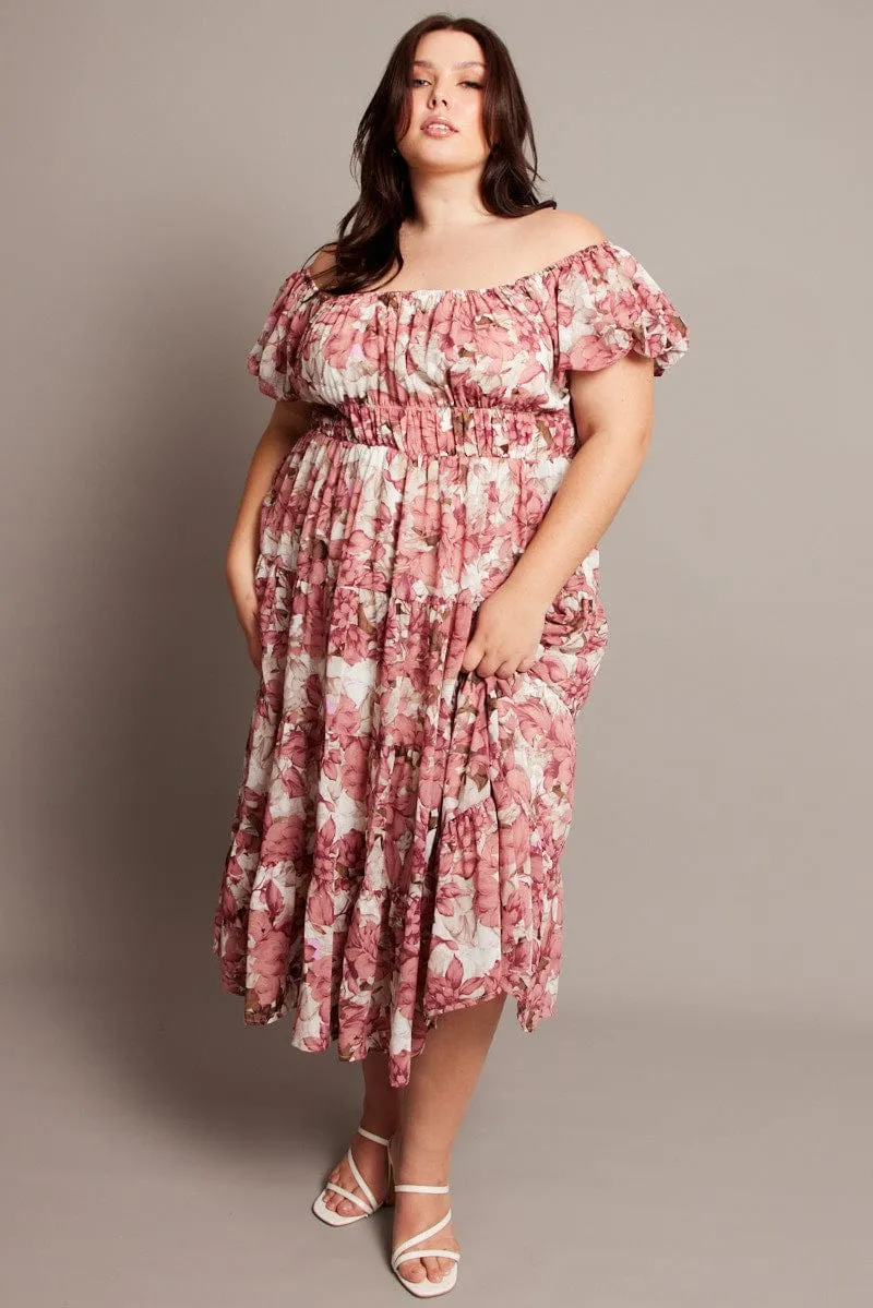 Snap-Closure Mom Chic Pink Floral Midi Dress Short Sleeve Ruched