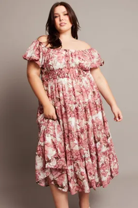 Pink Floral Midi Dress Short Sleeve Ruched Linen Love
