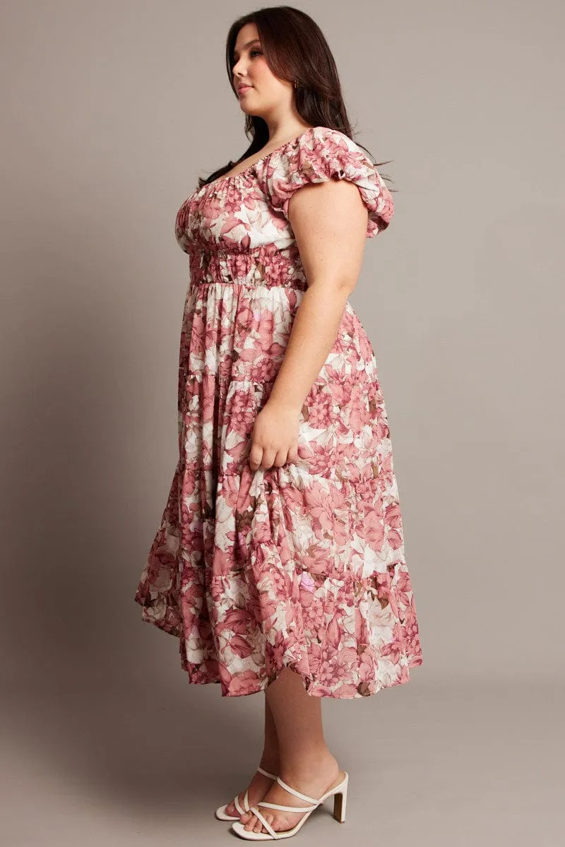 Pink Floral Midi Dress Short Sleeve Ruched Lounge Moment