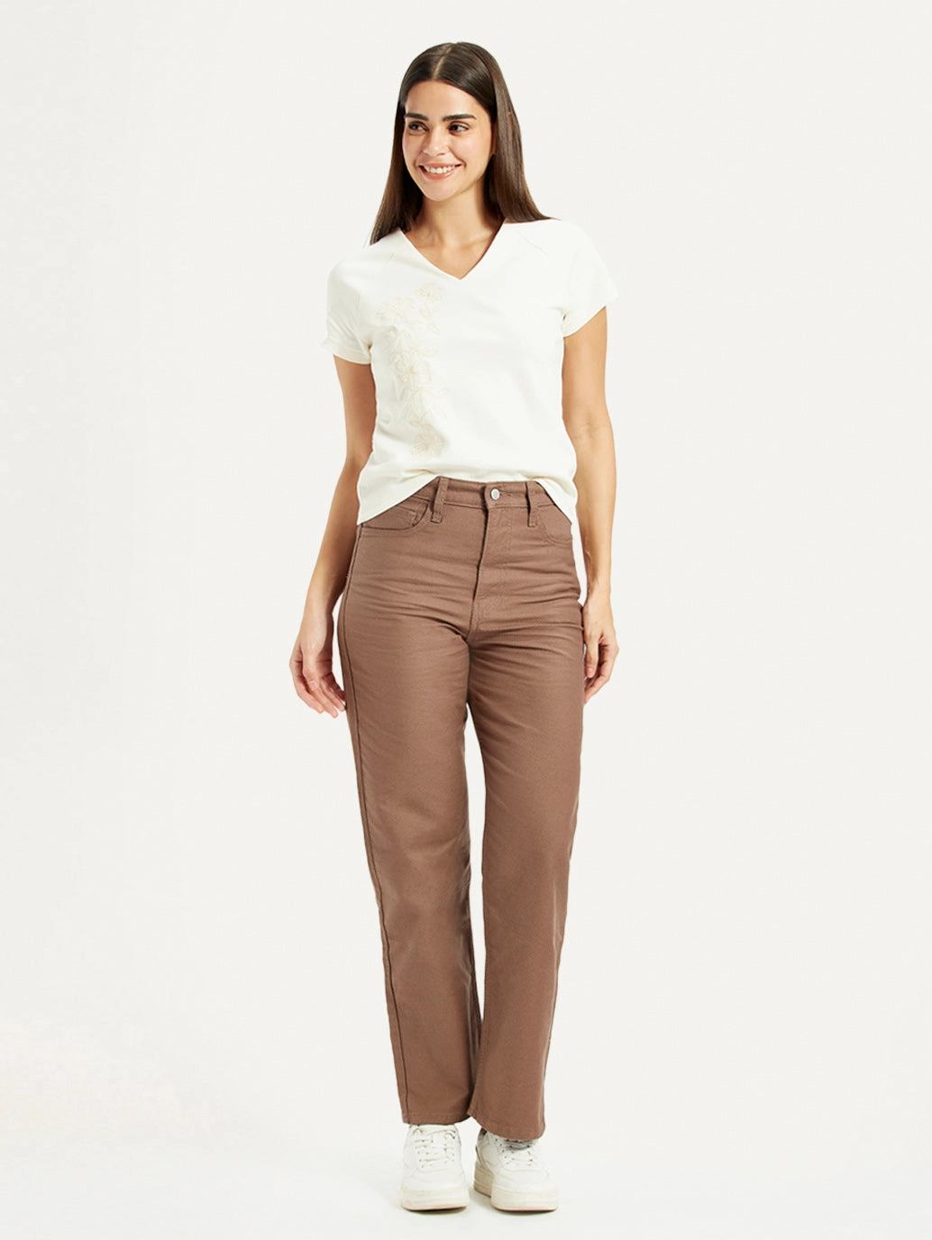 Couple Look Eco Friendly Everyday Wear Women's Brown Ribcage Straight Fit High Rise Jeans