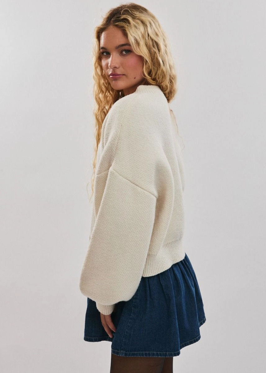 Shelby Cardigan - White Ribbed Hem