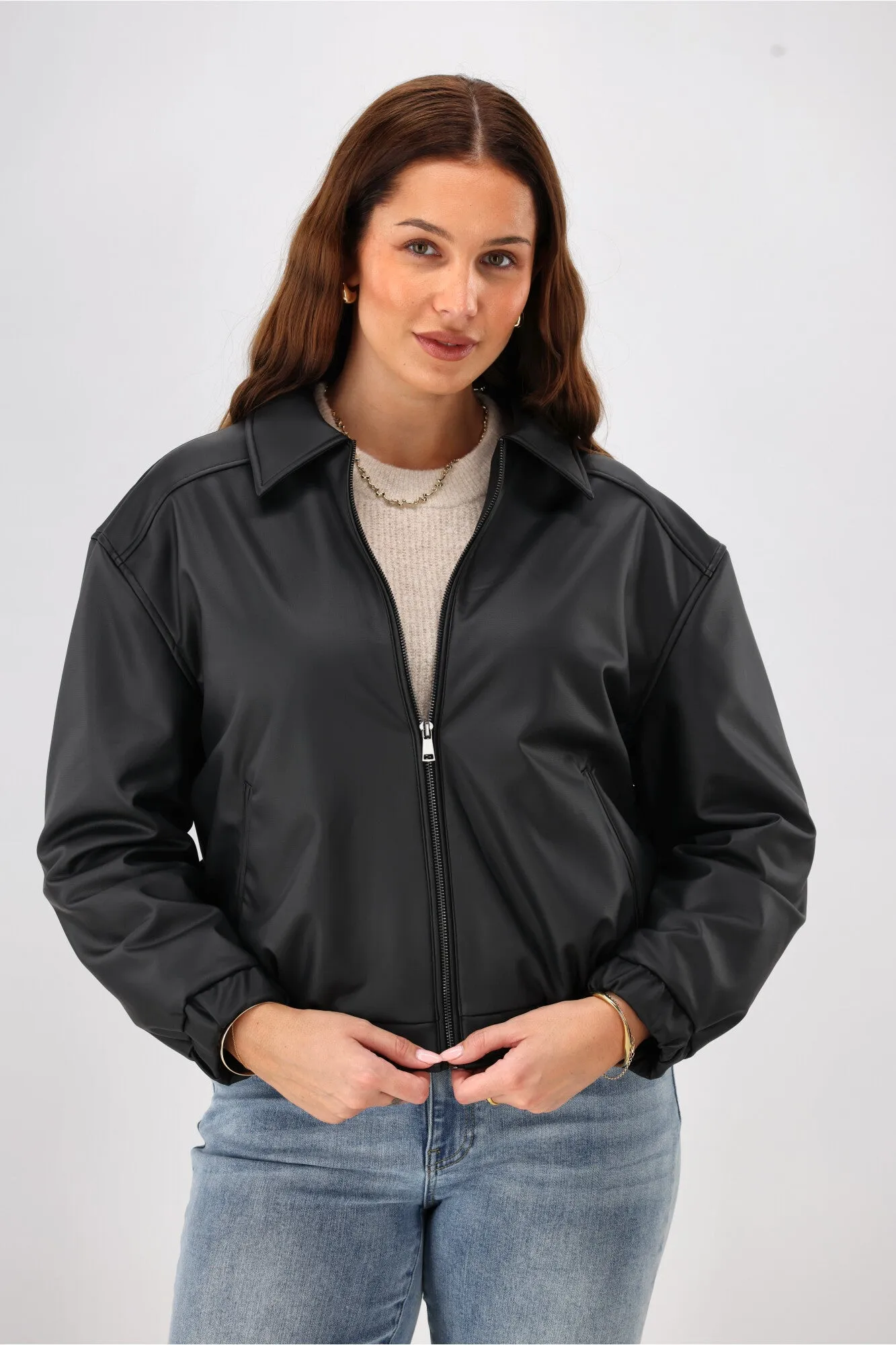 ReinforcedEdging Breathable Softshell Layer Shine On Label Aidia Pleather Jacket Black
