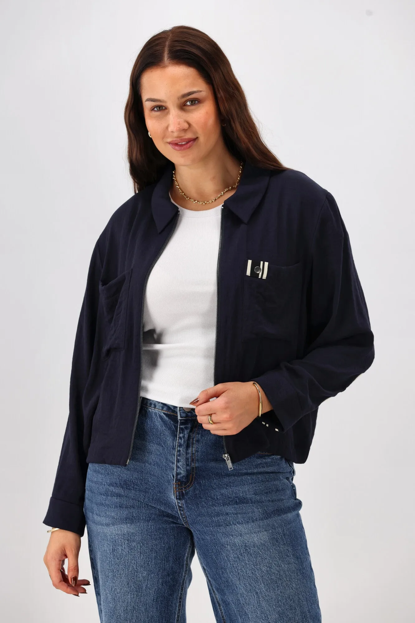 Teflon Coated Shine On Label Lulu Zip Collared Jacket Midnight