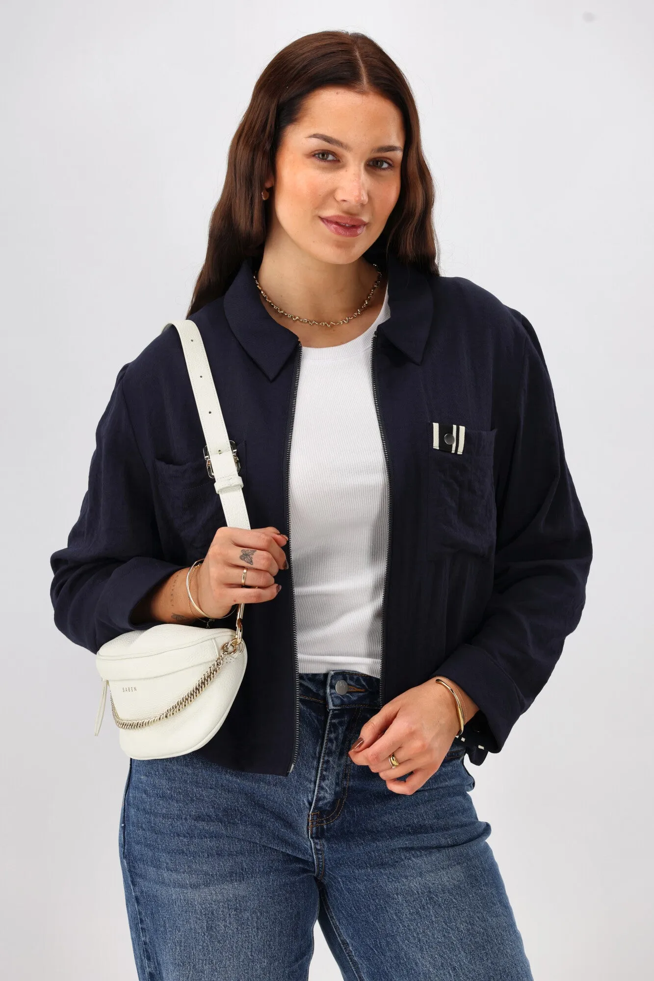 Bonded Seam Construction Stylish Daily Fit Shine On Label Lulu Zip Collared Jacket Midnight