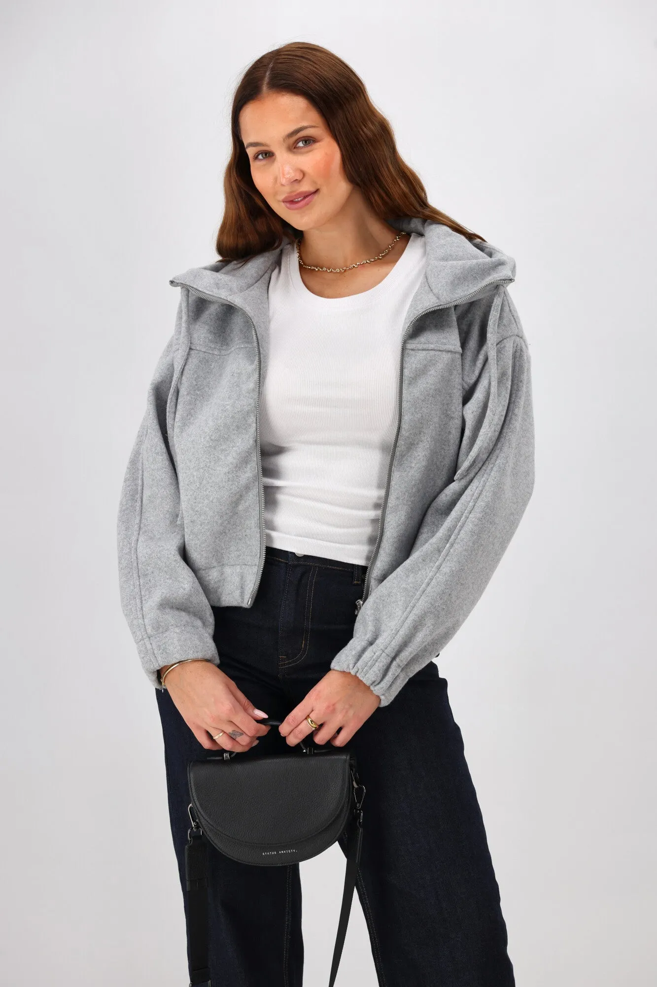 Relaxed Fit Structure Shine On Label Metro Felt Hooded Bomber Jacket Grey Marl
