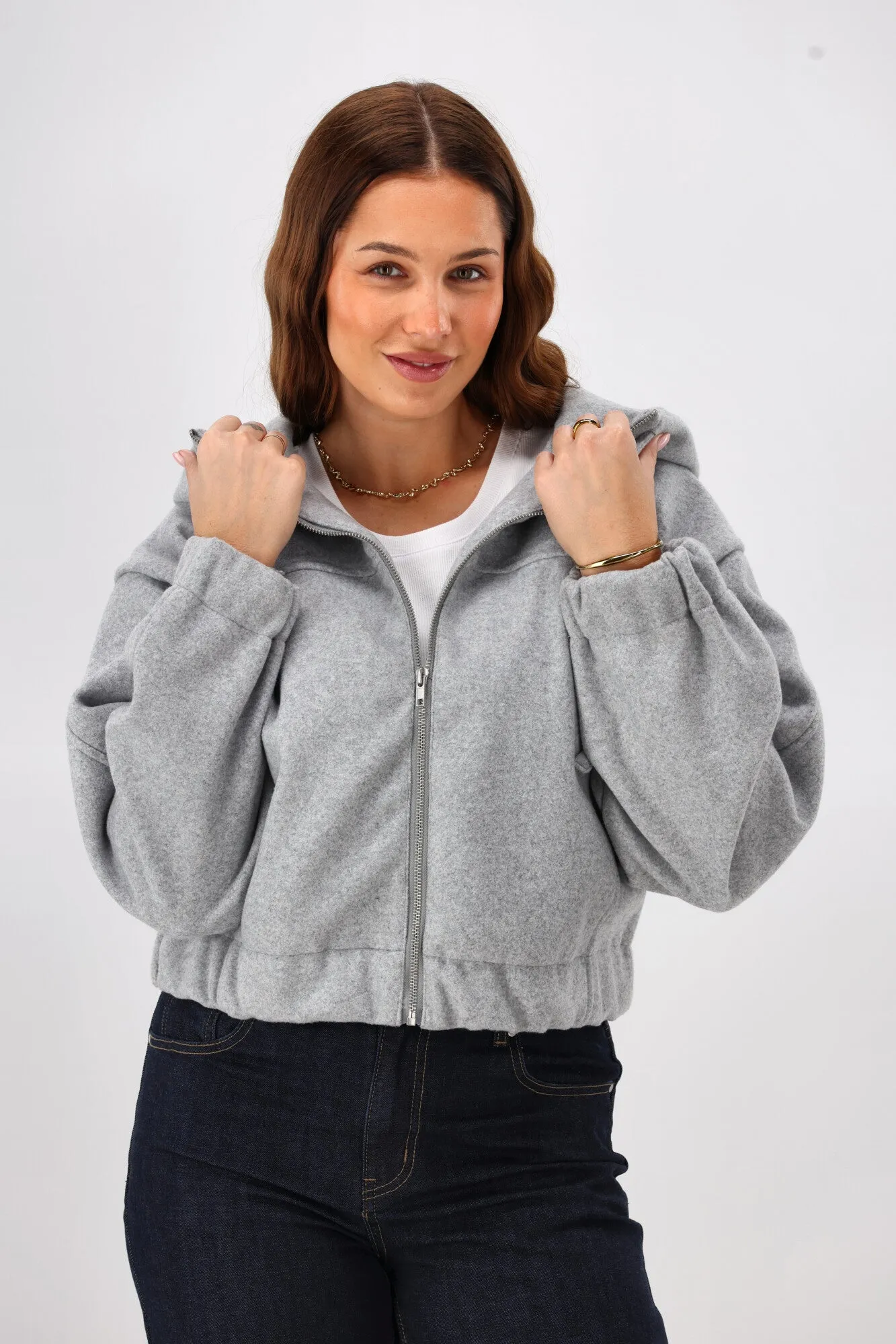 Low Profile Fastening Comfy Fit Piece Shine On Label Metro Felt Hooded Bomber Jacket Grey Marl