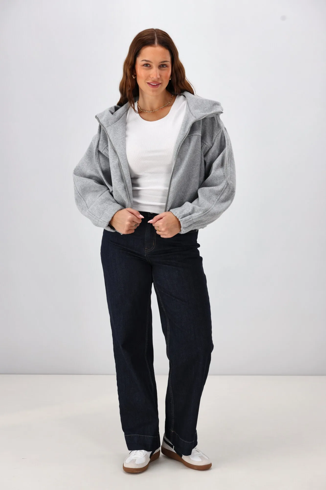 Shine On Label Metro Felt Hooded Bomber Jacket Grey Marl InterchangeablePanels