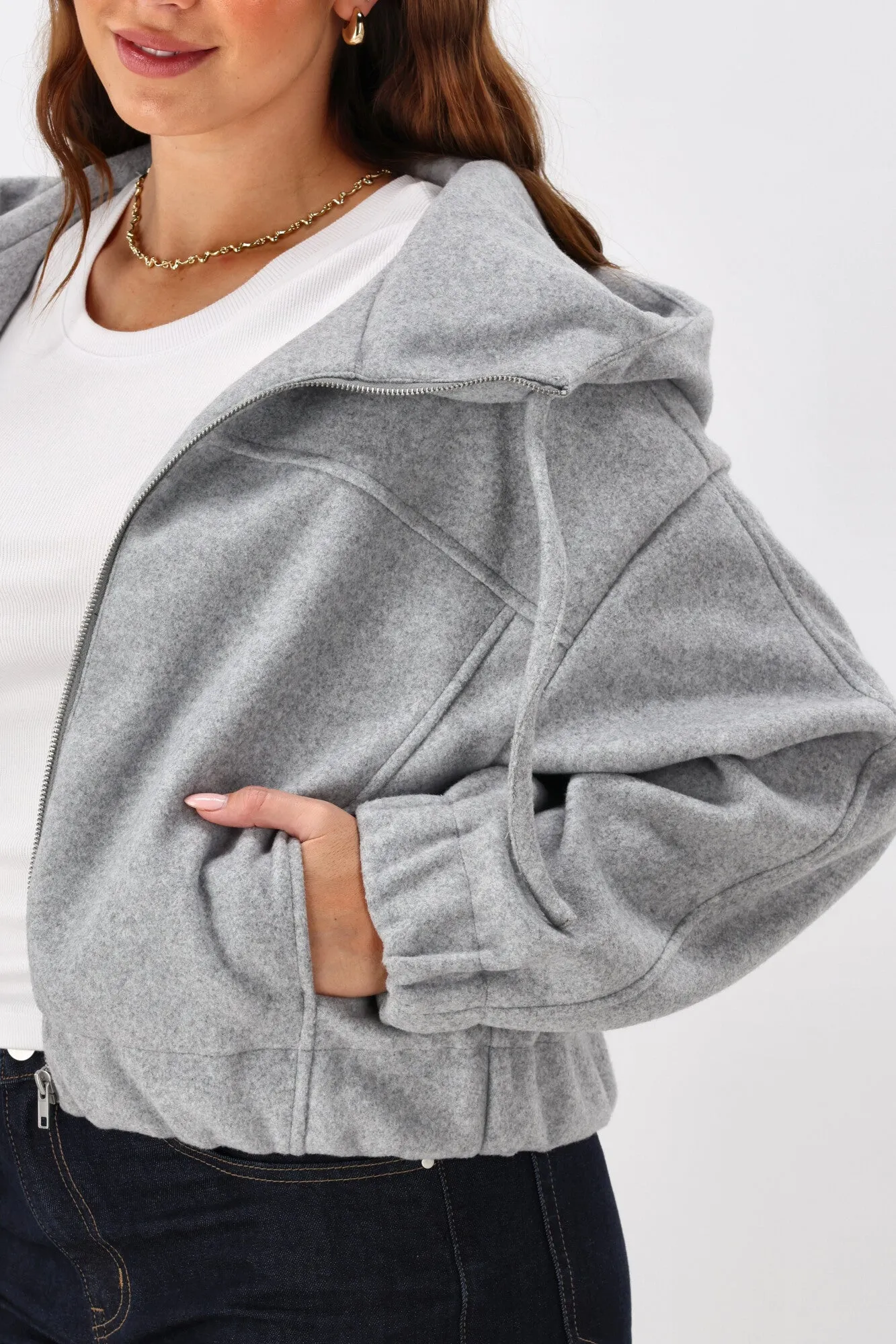 Shine On Label Metro Felt Hooded Bomber Jacket Grey Marl Travel Ready Look Functional Piece