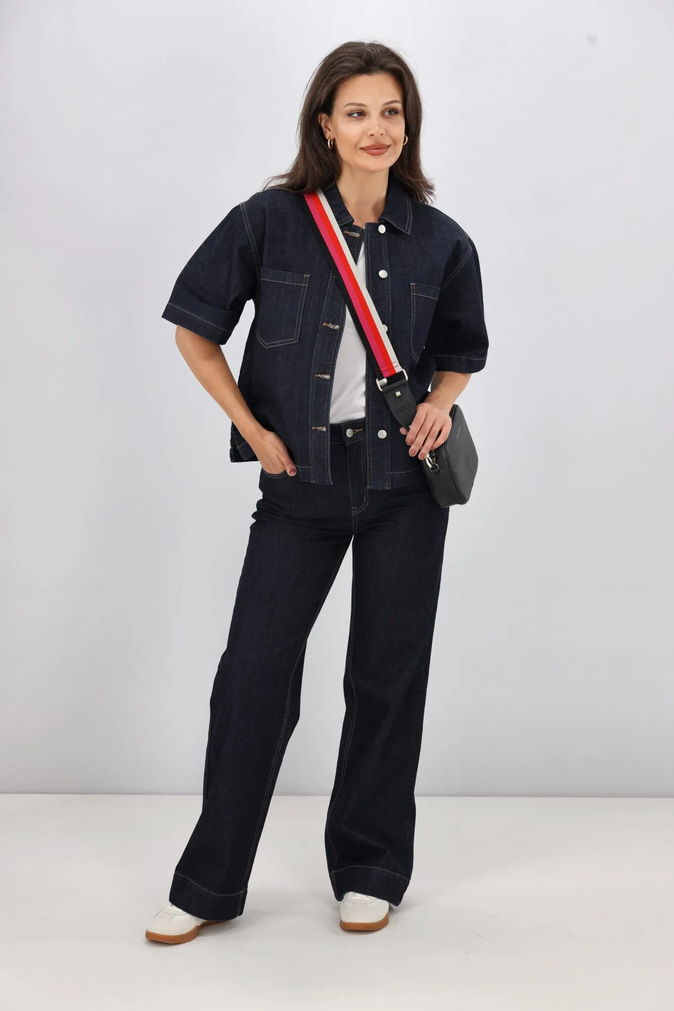 retro look Moisture Managing Layer Shine On Label Nolan Short Sleeve Denim Shacket Indigo