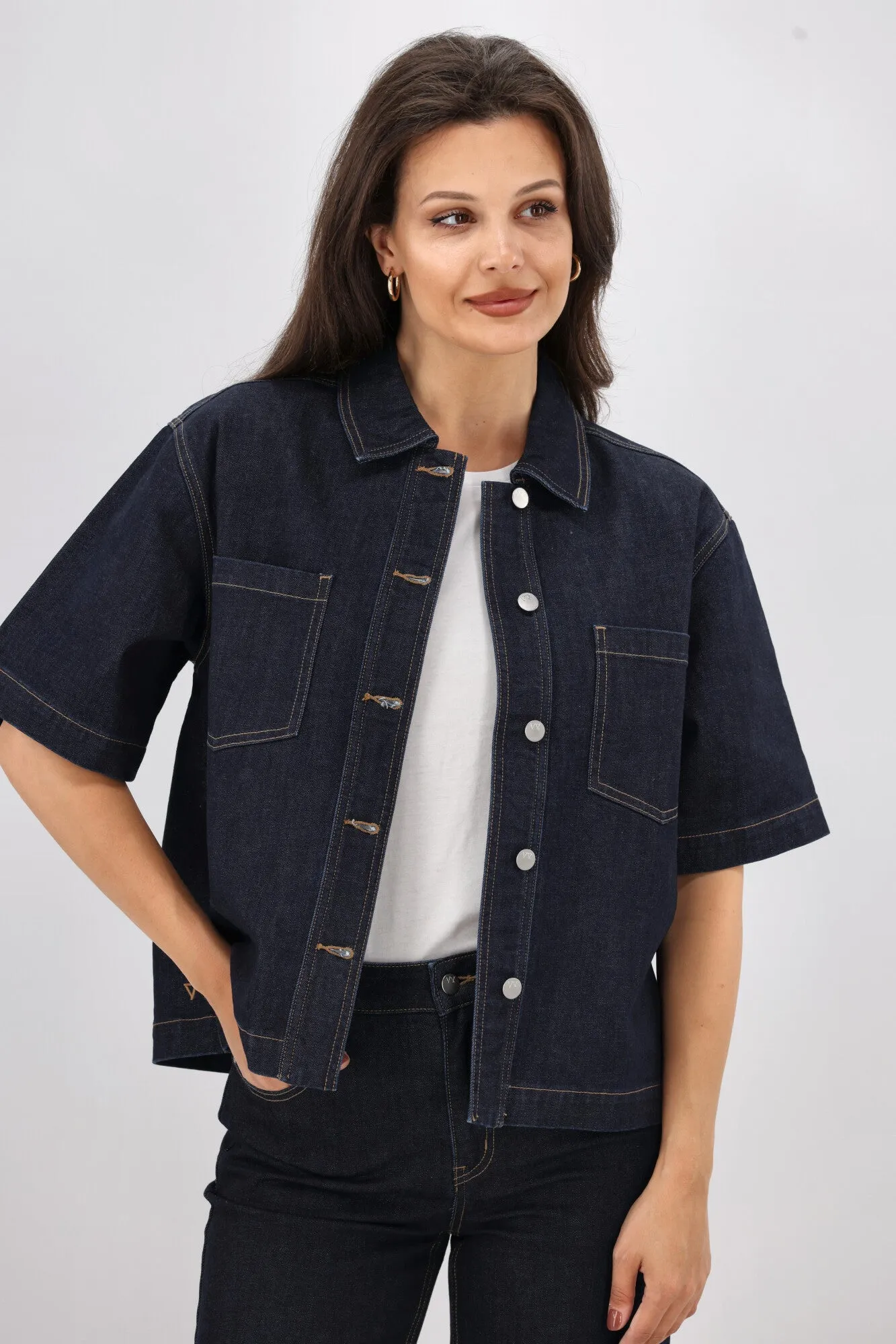 Shine On Label Nolan Short Sleeve Denim Shacket Indigo Soft Fleece Flexible Side Gussets