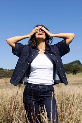 Oversized Fit Shine On Label Nolan Short Sleeve Denim Shacket Indigo