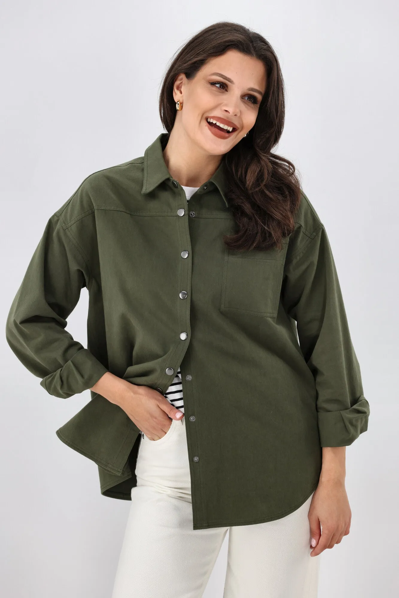 Silicone Grip Trim Shine On Label Oasis Embroidered  Shacket Olive