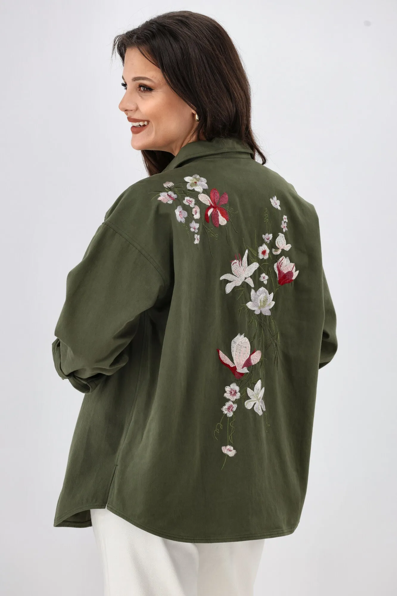 Shine On Label Oasis Embroidered  Shacket Olive Adjustable Hemline
