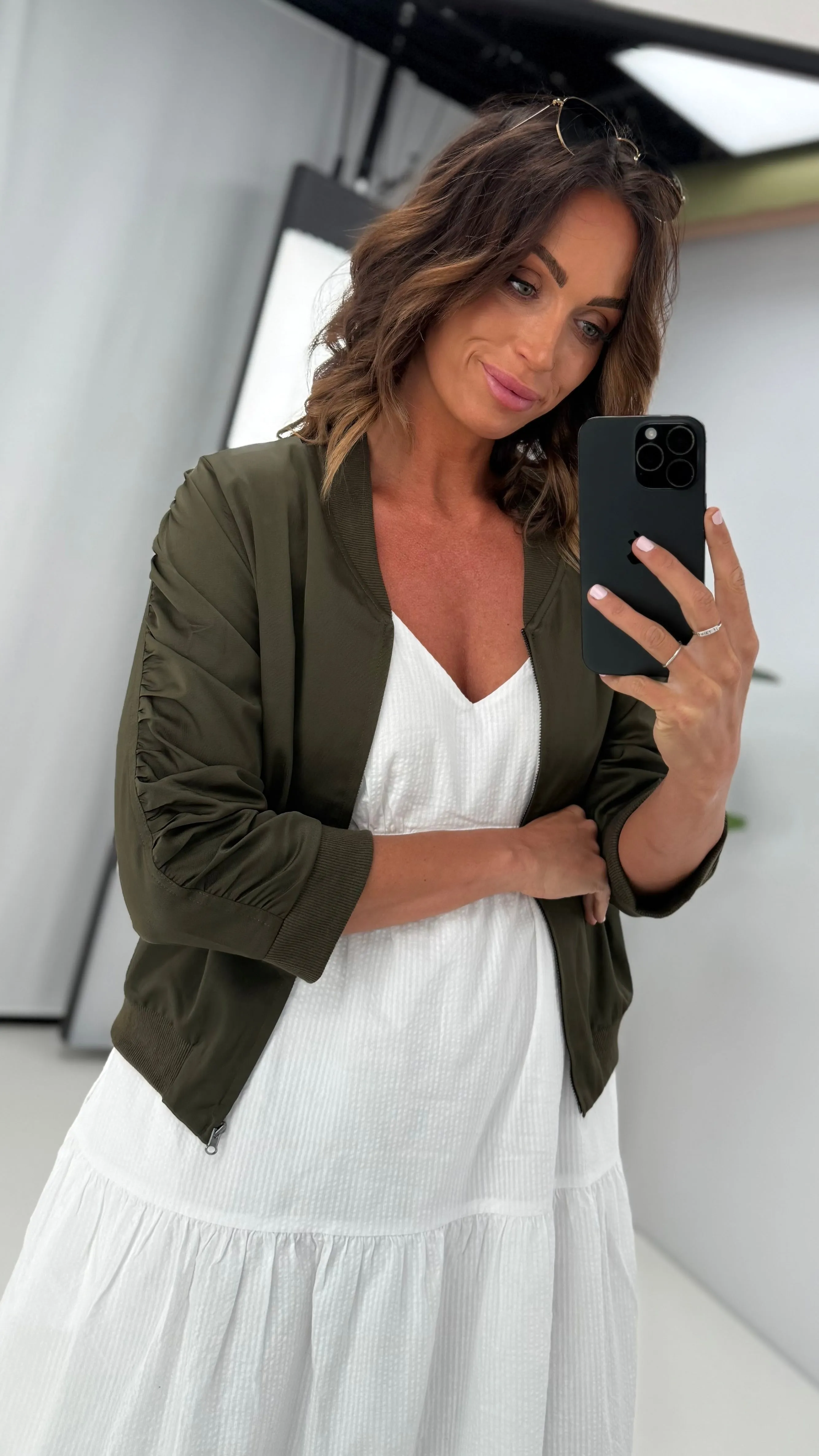 Water resistant coating Noise Free Fabric Shine On Label Silvina Gathered Sleeve Bomber Jacket Olive