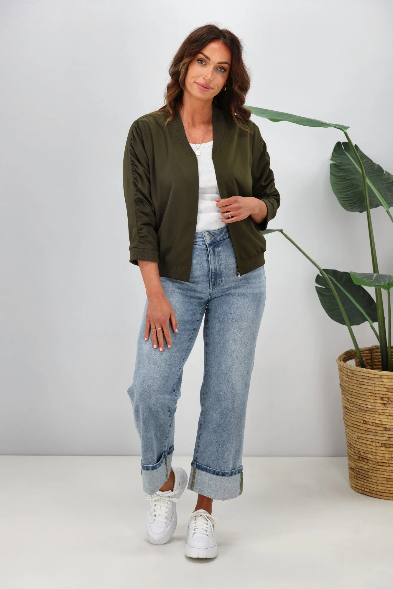 Shine On Label Silvina Gathered Sleeve Bomber Jacket Olive ElasticizedWaistbandSystem