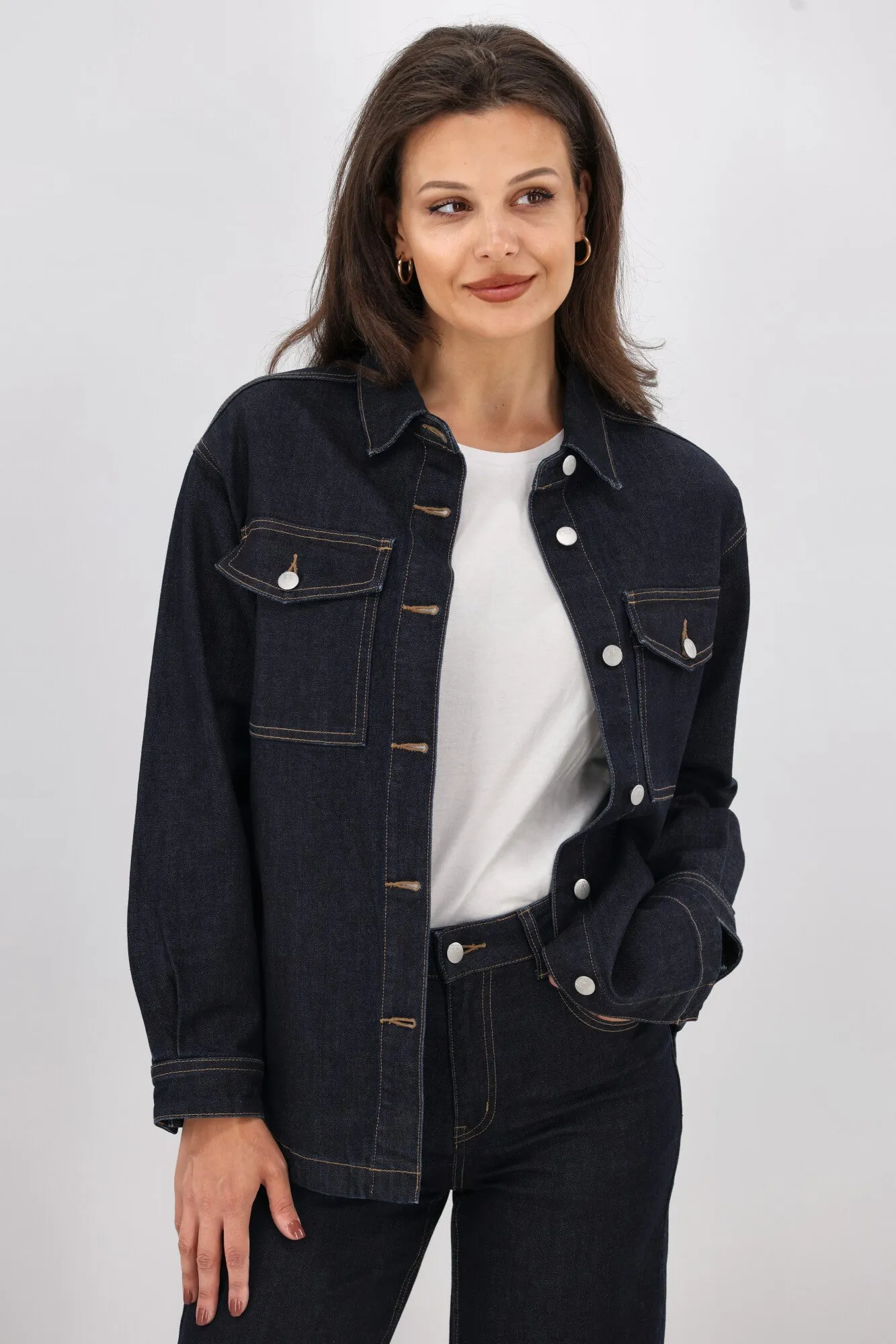 Modern Functional Design Teflon Finish Shine On Label Urban Edge Denim Shacket Dark Indigo