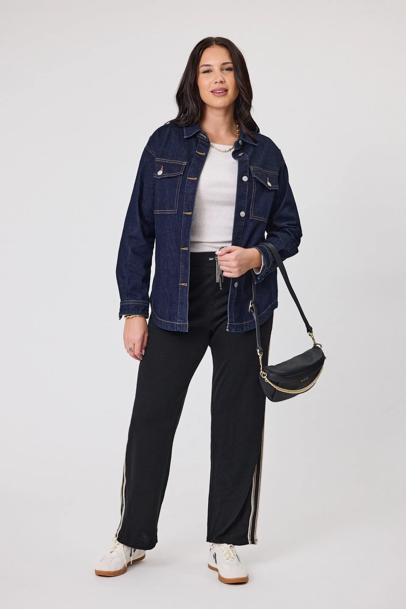 Non Restrictive Armholes Shine On Label Urban Edge Denim Shacket Dark Indigo