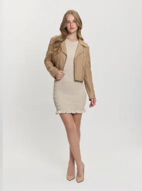 Brown Clemence Faux-Leather Jacket Houndstooth Print Non Restrictive Movement Cut