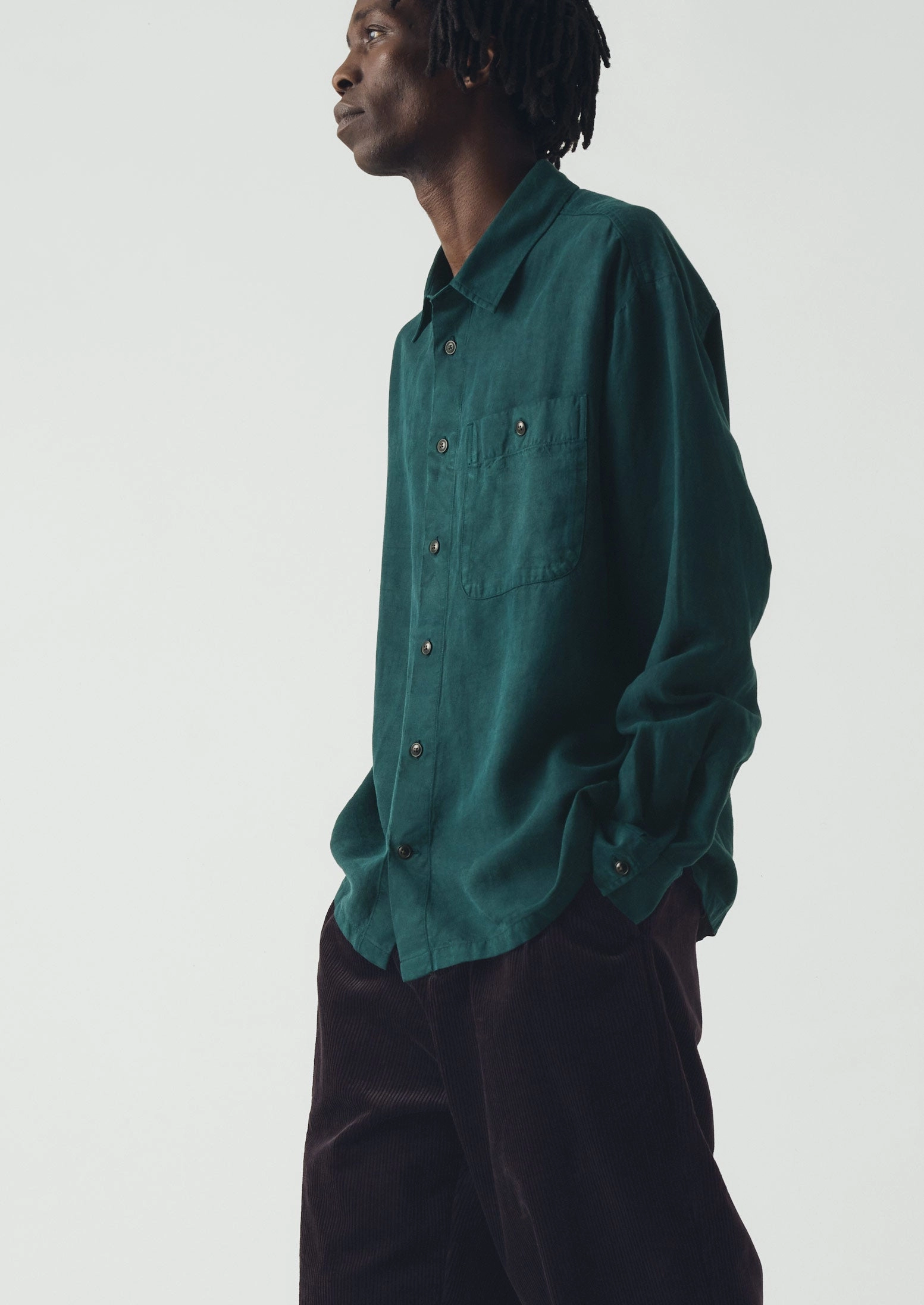 Lyocell Linen Herringbone Shirt | Peacock Blue Solid Hue Minimal Look